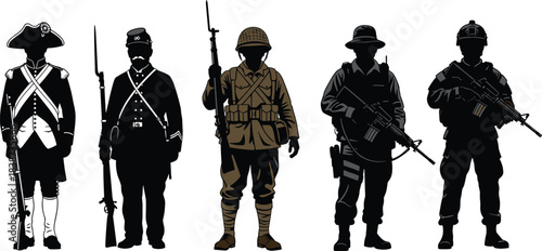 Soldier silhouette illustrations, military history icons, uniform evolution, weapon timeline, black vector design, historical combat gear, minimal style