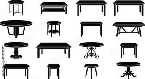 Table silhouette icon set featuring diverse furniture styles including round, square, and ornate leg designs for interior and decor themes
