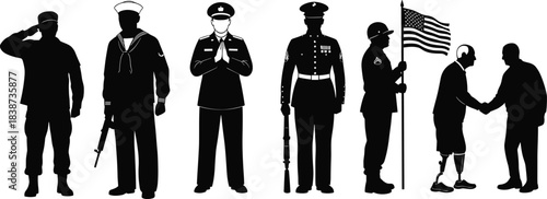 Veterans Day silhouette illustration, military tribute icons, soldier poses, American flag, prosthetic veteran handshake, black vector design pack