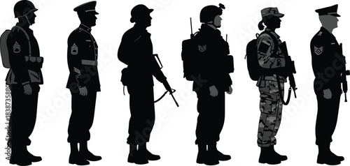 Military silhouette illustrations, soldier uniform evolution, armed forces icons, historical gear timeline, black vector design, minimal tribute pack