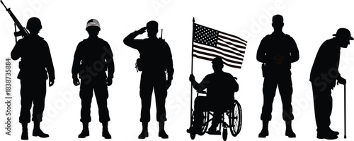 Military service silhouette illustrations, soldier to veteran journey, patriotic icons, black vector design, tribute poses, minimal honor pack