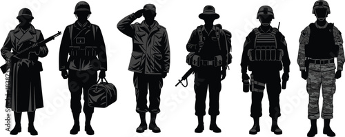 Military silhouette illustrations, soldier uniform evolution, historical combat gear, tactical attire timeline, black vector icons, minimal tribute design