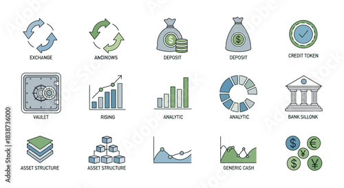 A comprehensive set of financial and business icons, including symbols for exchange, deposit, credit, vault, analytics, asset structure, and various currency coins.