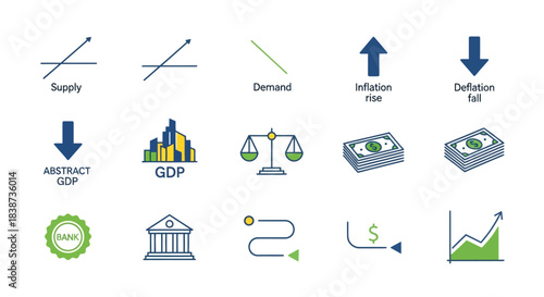A comprehensive set of economic and financial icons, illustrating concepts like supply, demand, inflation, GDP, and market trends.