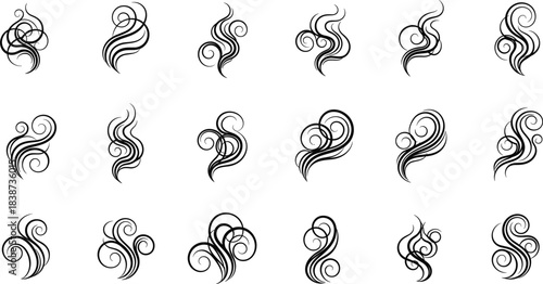 Collection of elegant swirl ornament vector designs featuring decorative flourishes, curly elements, and abstract line art for embellishment