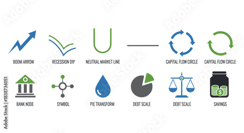 A collection of twelve financial and economic icons illustrating market trends, capital flow, banking, debt, and savings 
