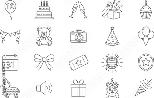 Outline Thin Line Art Birthday Party Celebration Icons Set Vector Graphic Illustration Elements: Cake, Balloons, Gift Box, Confetti, Calendar, Camera, Cupcake.