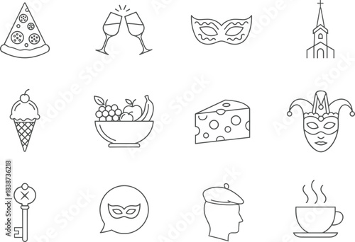 Line icons of pizza, wine, masquerade mask, church, ice cream, fruits, cheese, jester, key, beret, coffee, vector