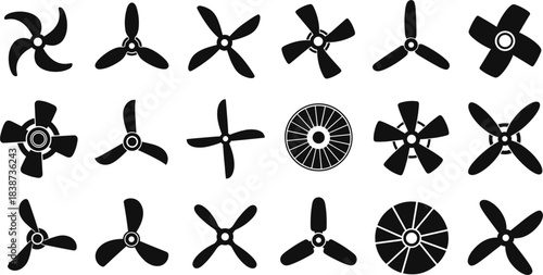 Collection of propeller and fan blade vector illustrations featuring various spinning shapes, aerodynamics designs, and mechanical rotation elements