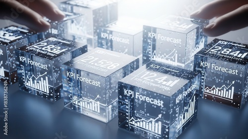 KPI forecast cubes positioned manually with crisp macro detail and subtly diffused bright background