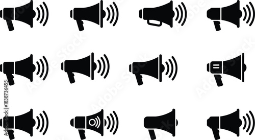 Black Silhouette Megaphone Loudspeaker Icon Set Vector Graphic Illustration Elements: Announcement, Advertising, Marketing, Communication, Speaker, Promotion, Voice.