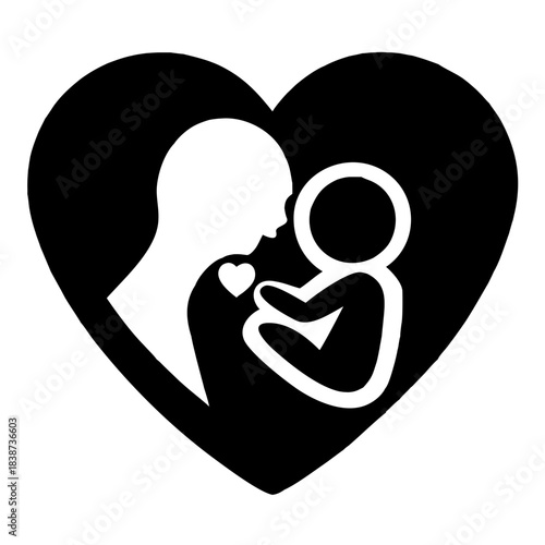 Mother and Child in Heart: a heartwarming emblem captures the unconditional love between a mother and her child. This artistic illustration, shows a heart-shaped silhouette embracing two figures; one.