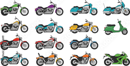 Colorful collection of diverse motorcycle and scooter vector illustrations showcasing various bike styles, designs, and transportation concepts