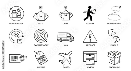 A comprehensive set of line icons illustrating various aspects of logistics, shipping, and cargo transport services.