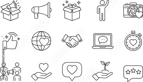 Communication icons, social media symbols, support and care line art, teamwork, feedback, global unity, online chat, positive interaction