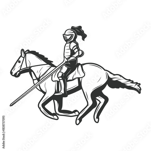 Medieval armored knight on horse with lance, historical emblem isolated on white background, Vector