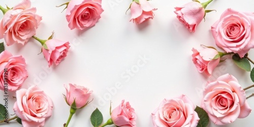 A Delicate Arrangement of Pink Roses Forming a Frame on a White Background