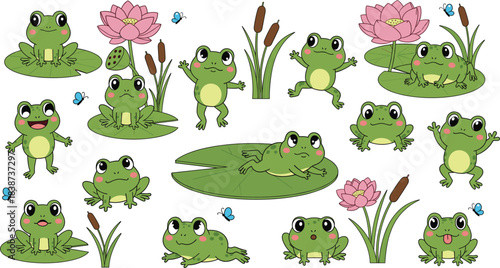 Cute cartoon frog vector collection with lily pads, lotus flowers, cattails, and playful amphibian characters in various poses