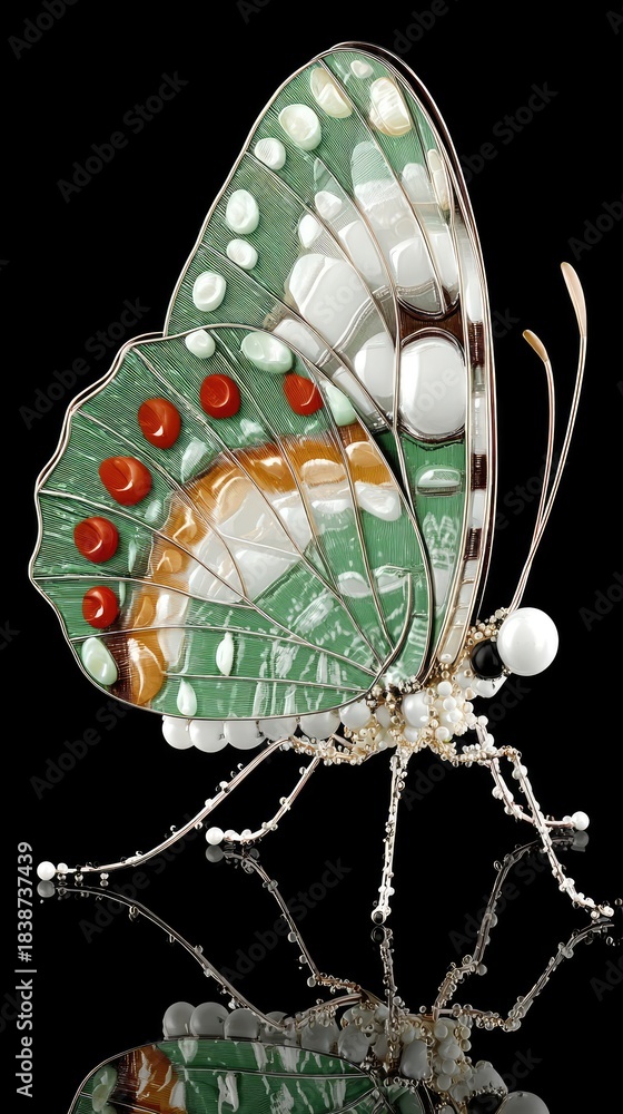 Fototapeta premium Exquisite Green Butterfly Brooch with Red Accents.