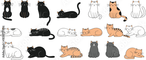 Cute collection of hand-drawn cat vector illustrations featuring various poses, colors, and playful domestic feline characters for design projects
