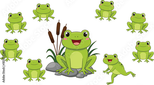 Cute frog vector set featuring happy cartoon frogs sitting, smiling, jumping and posing around pond plants and rocks