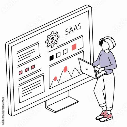 Professional analyzing SAAS dashboard on large digital screen
