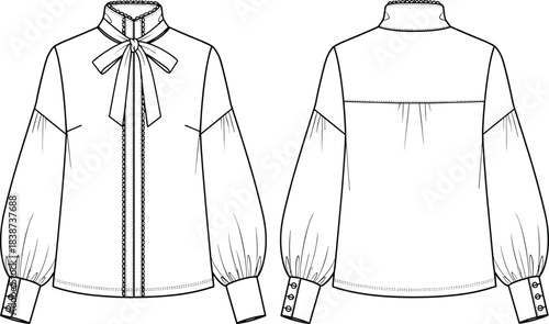 Blouse technical sketch, front and back view, flat vector, cad drawing, fashion design, garment construction, sewing template, apparel illustration