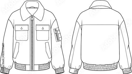 Bomber jacket technical sketch, front and back view, flat vector, cad drawing, fashion design, garment construction, apparel template, sewing illustration