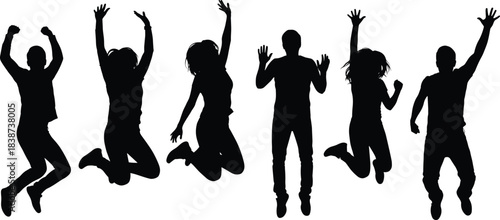 Group of happy young people jumping in the air, celebrating success and freedom, black vector silhouettes isolated on white background, party concept