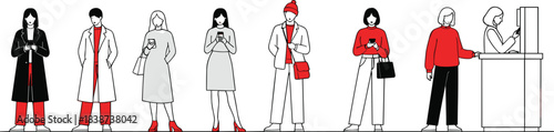 Minimal line art people standing in queue using smartphones and ATM, modern red-accent urban lifestyle vector illustrations