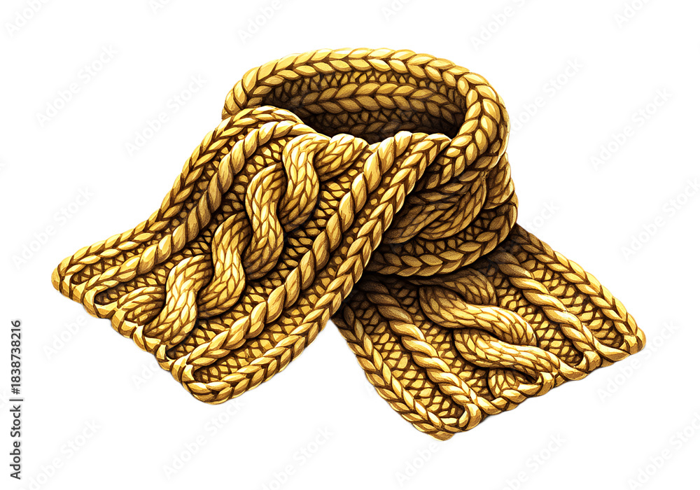 Obraz premium Stunning golden cable knit scarf texture artfully draped against a deep black background for luxury winter design