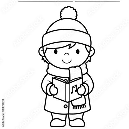 Cute cartoon child in winter clothes singing Christmas carols from a book.