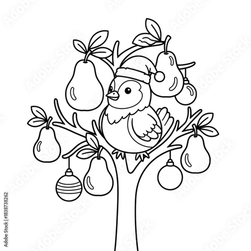 A cute partridge in a pear tree wearing a Santa hat coloring page.
