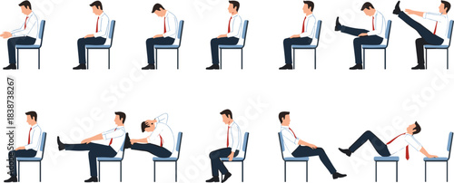 Office chair workout exercise vector set showing businessman performing stretching, fitness, mobility and desk exercises in seated poses