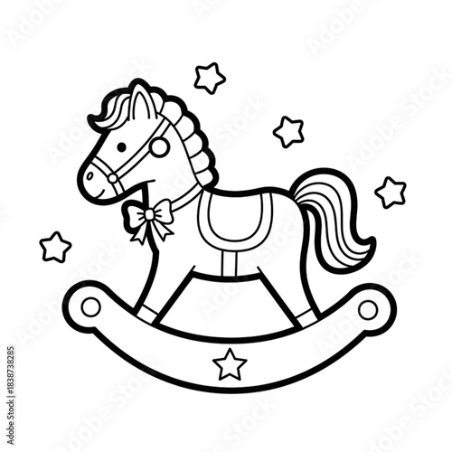 Adorable rocking horse with stars coloring book illustration.