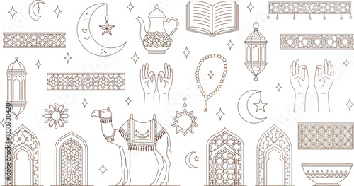 Islamic decorative vector set featuring lanterns, mosques, prayer hands, crescent moons, geometric patterns, and cultural Ramadan elements.