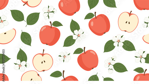 Seamless vector pattern featuring red apples, apple slices, green leaves, and delicate white blossoms for fresh fruit-themed designs