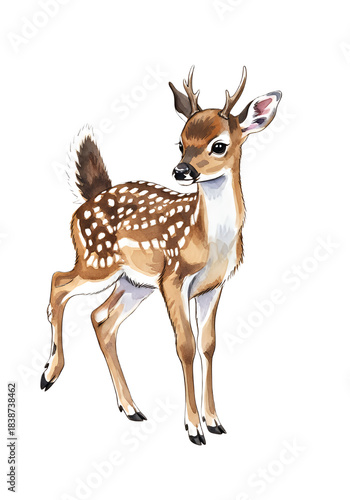 Charming watercolor baby deer with delicate spots stands alert against a dramatic black background perfect for design projects