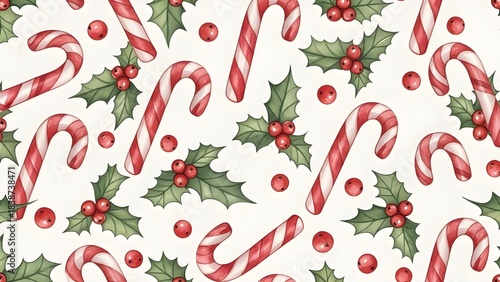 Candy Cane and Holly Berry Seamless Pattern