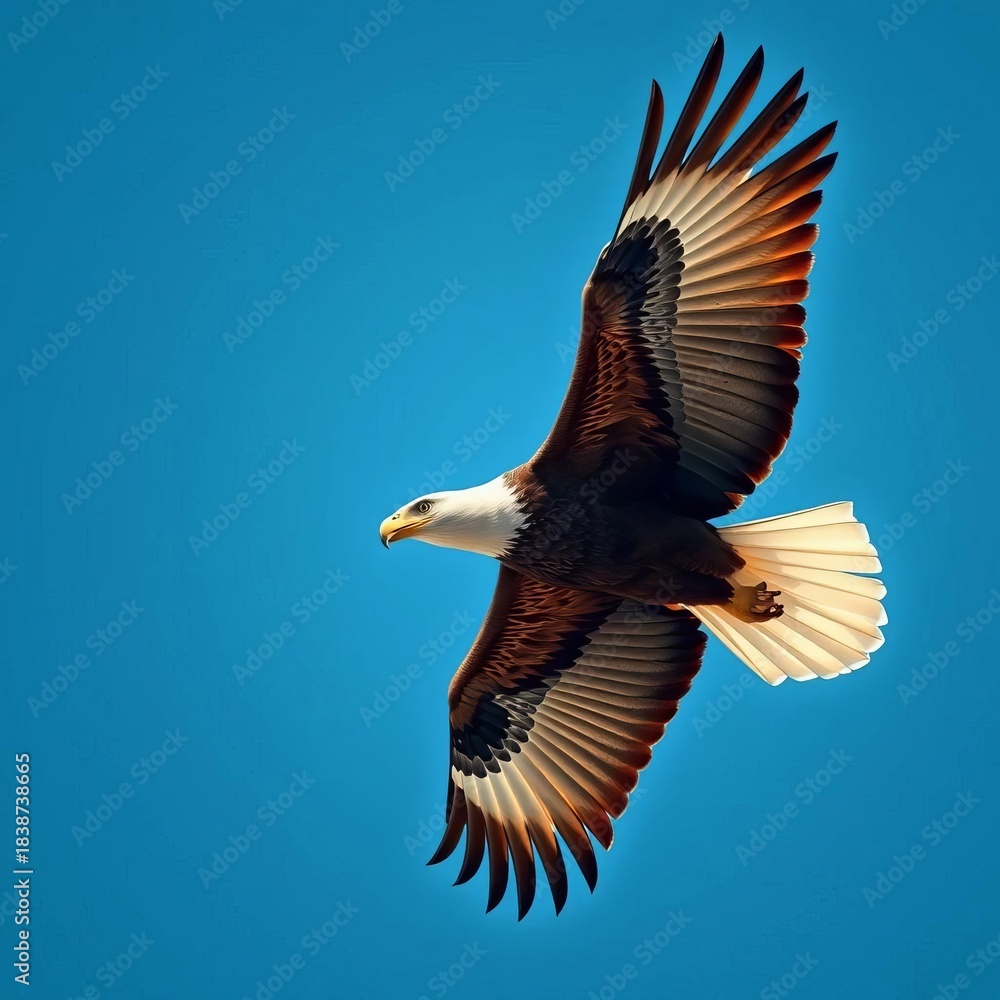 Obraz premium A majestic eagle soars through a clear blue sky, its wings spread wide, majestic, soaring