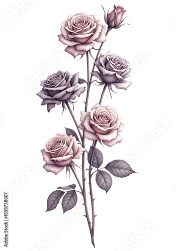 Stunning vintage mauve roses with dark dramatic foliage ascend elegantly against a deep black background