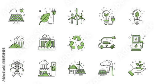 Comprehensive collection of modern line art icons representing green energy, sustainable development, and eco-friendly technology solutions for a cleaner future and environmental protection