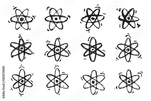 Set of hand drawn atom sign Molecule clipart in doodle style Symbol of science, education, nuclear energy, scientific research, molecular chemistry Single element for print, web, design
