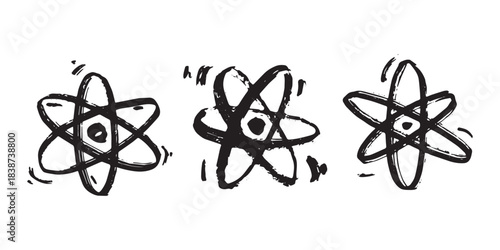 Set of hand drawn atom sign Molecule clipart in doodle style Symbol of science, education, nuclear energy, scientific research, molecular chemistry Single element for print, web, design