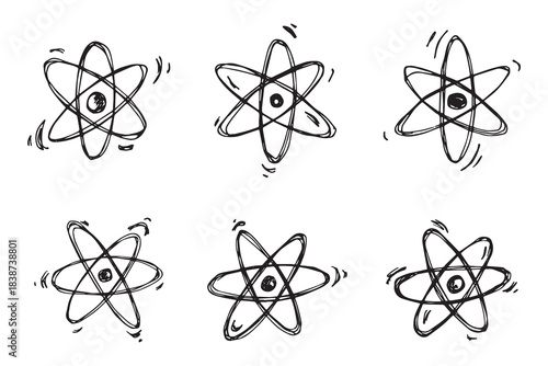 Set of hand drawn atom sign Molecule clipart in doodle style Symbol of science, education, nuclear energy, scientific research, molecular chemistry Single element for print, web, design