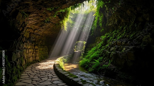 Sunlit path and stream in mystical cave, lush green ferns, water