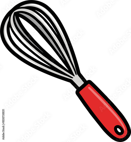 Classic kitchen whisk with red handle for baking and cooking.