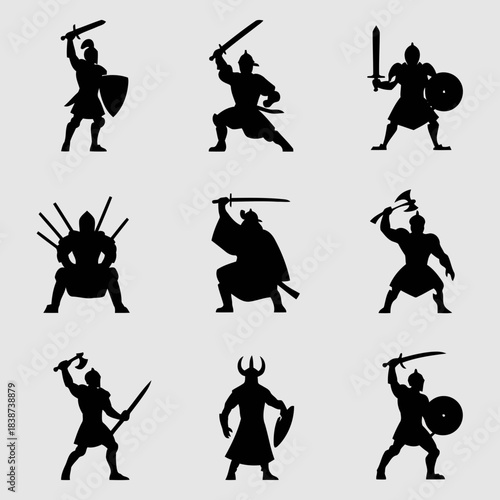 Set of nine medieval warriors with swords and shields in various battle poses, isolated on
