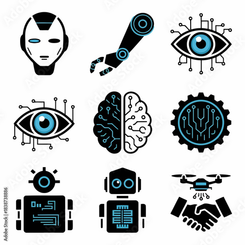 Set of futuristic robot icons including faces, hands, eyes, brain, gears, and drones on