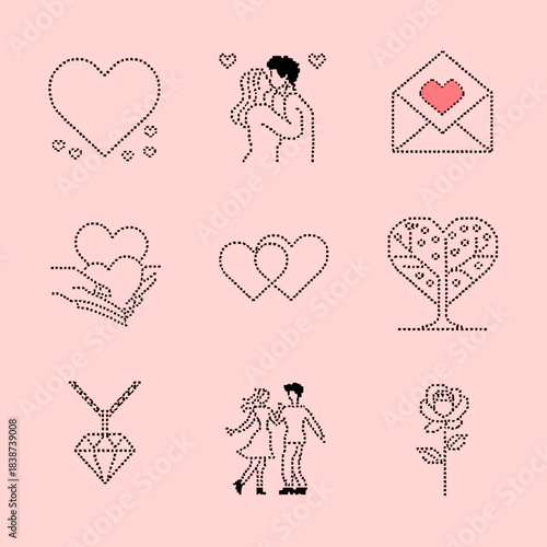 Collection of romantic symbols including hearts, roses, couples, and love letters on pink background